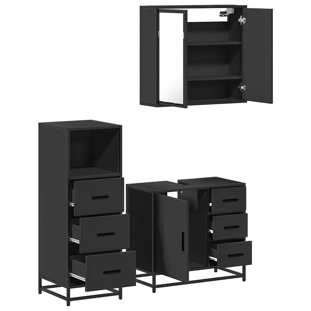 3 Piece Bathroom Furniture Set Black Engineered Wood