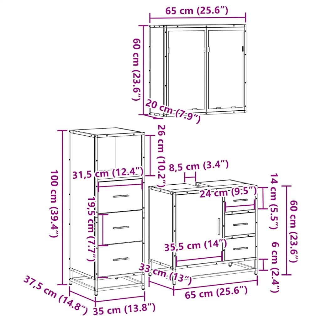 3 Piece Bathroom Furniture Set Black Engineered Wood