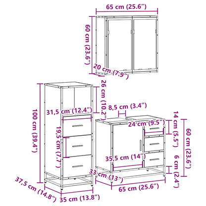 3 Piece Bathroom Furniture Set Smoked Oak Engineered Wood