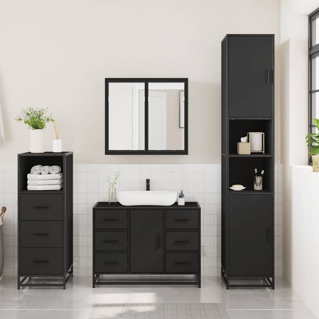 3 Piece Bathroom Furniture Set Black Engineered Wood