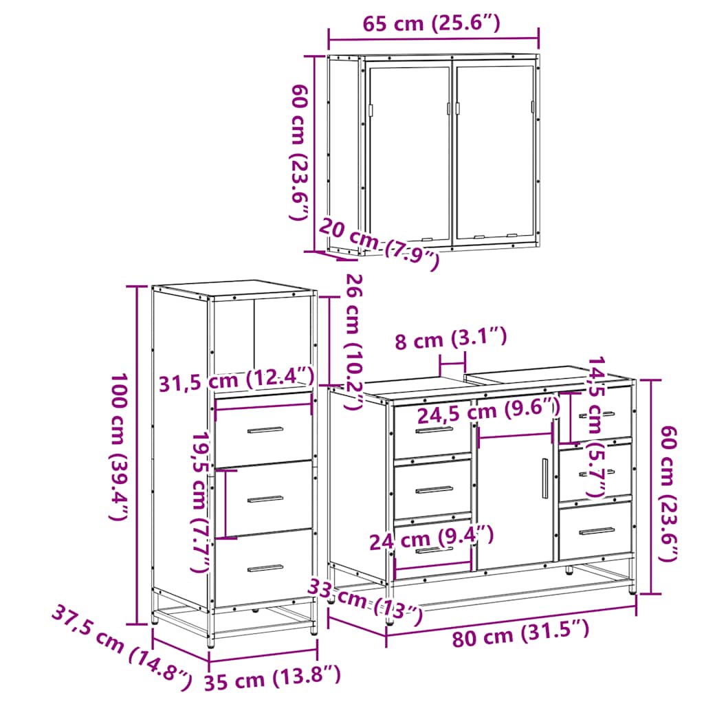 3 Piece Bathroom Furniture Set Black Engineered Wood