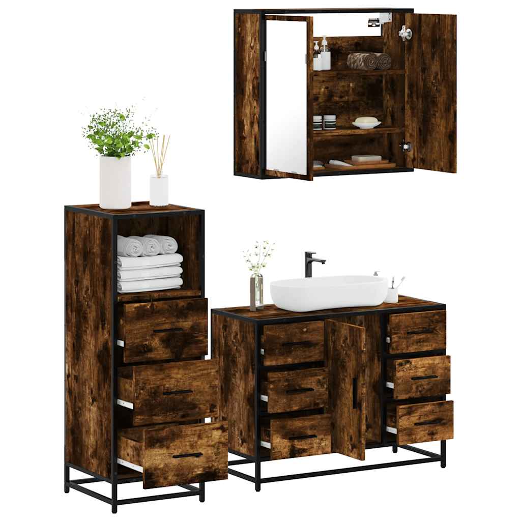 3 Piece Bathroom Furniture Set Smoked Oak Engineered Wood