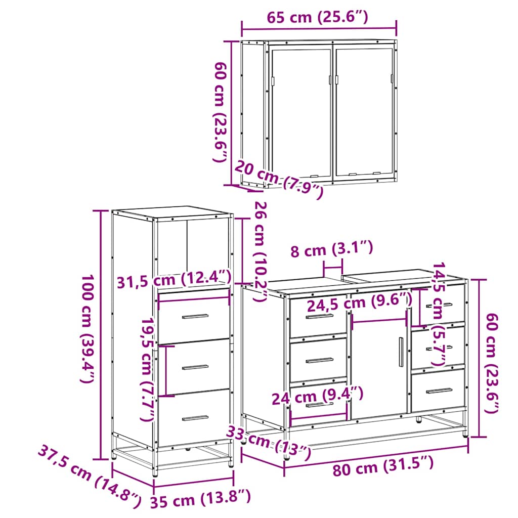 3 Piece Bathroom Furniture Set Grey Sonoma Engineered Wood