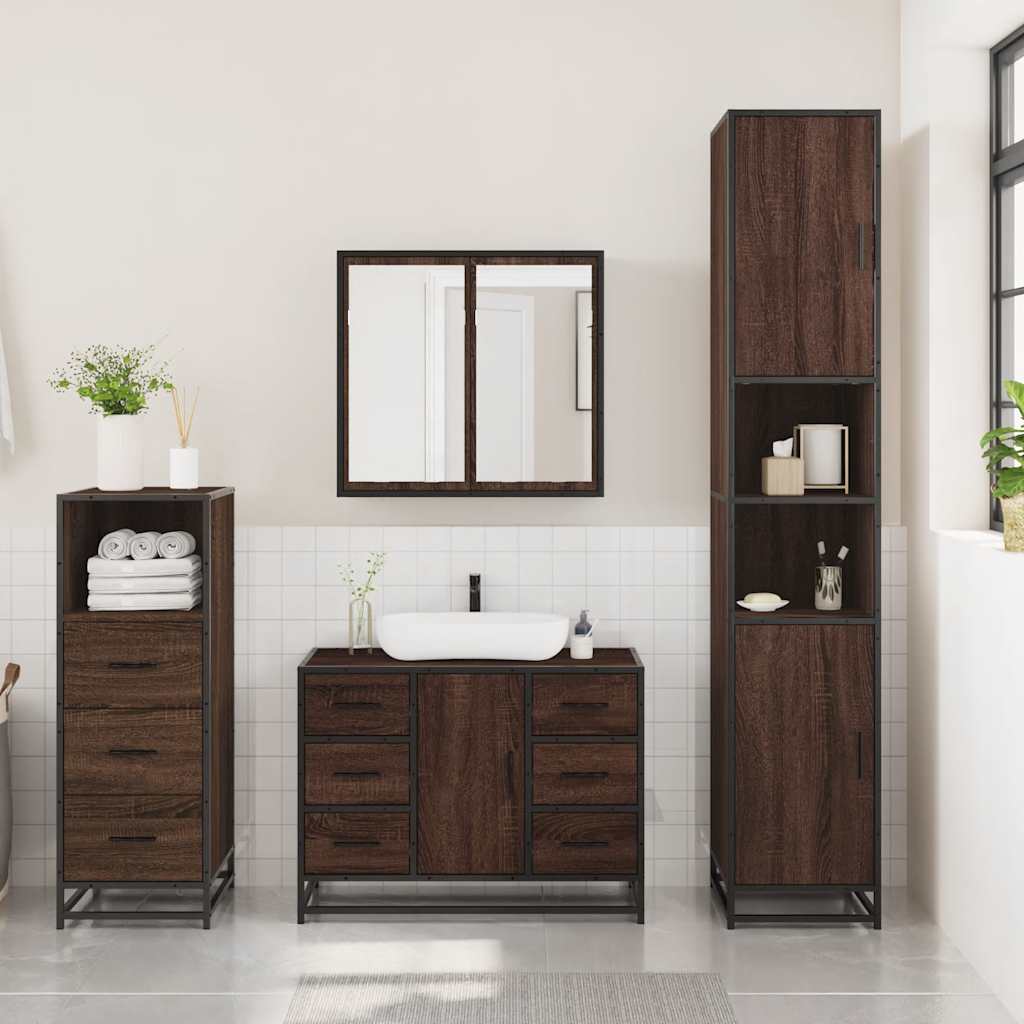 3 Piece Bathroom Furniture Set Brown Oak Engineered Wood