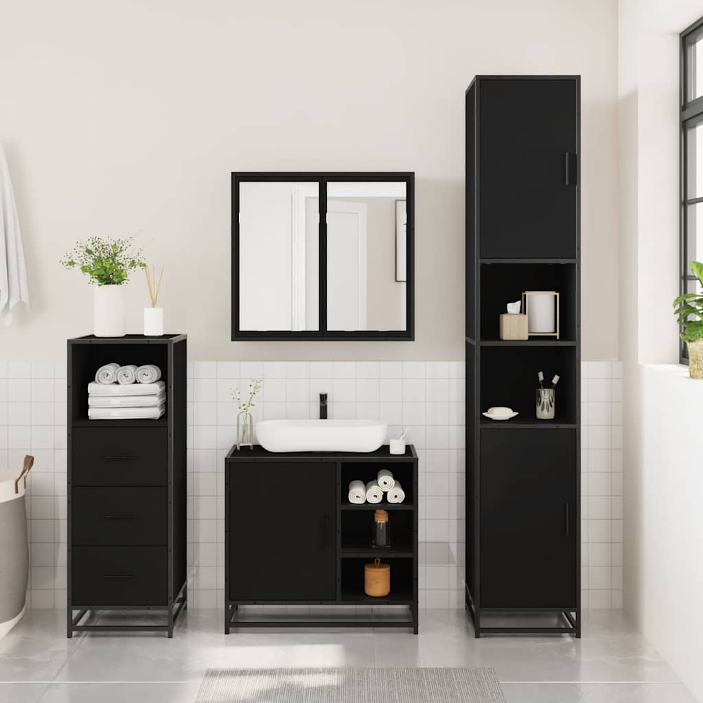 3 Piece Bathroom Furniture Set Black Engineered Wood