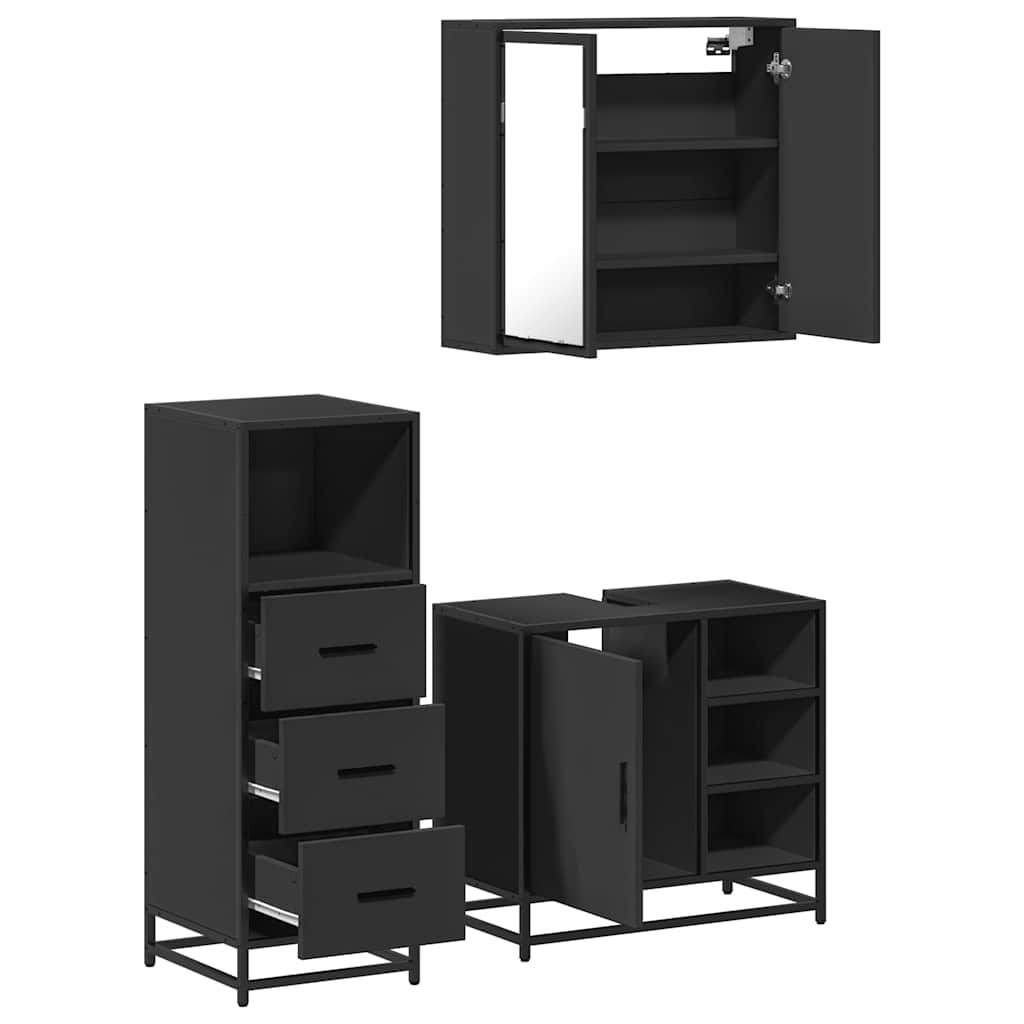 3 Piece Bathroom Furniture Set Black Engineered Wood