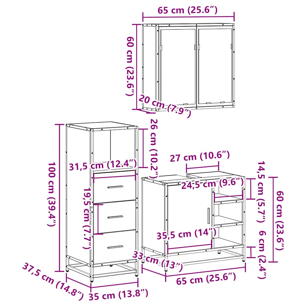 3 Piece Bathroom Furniture Set Black Engineered Wood