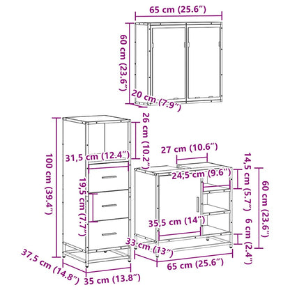 3 Piece Bathroom Furniture Set Brown Oak Engineered Wood