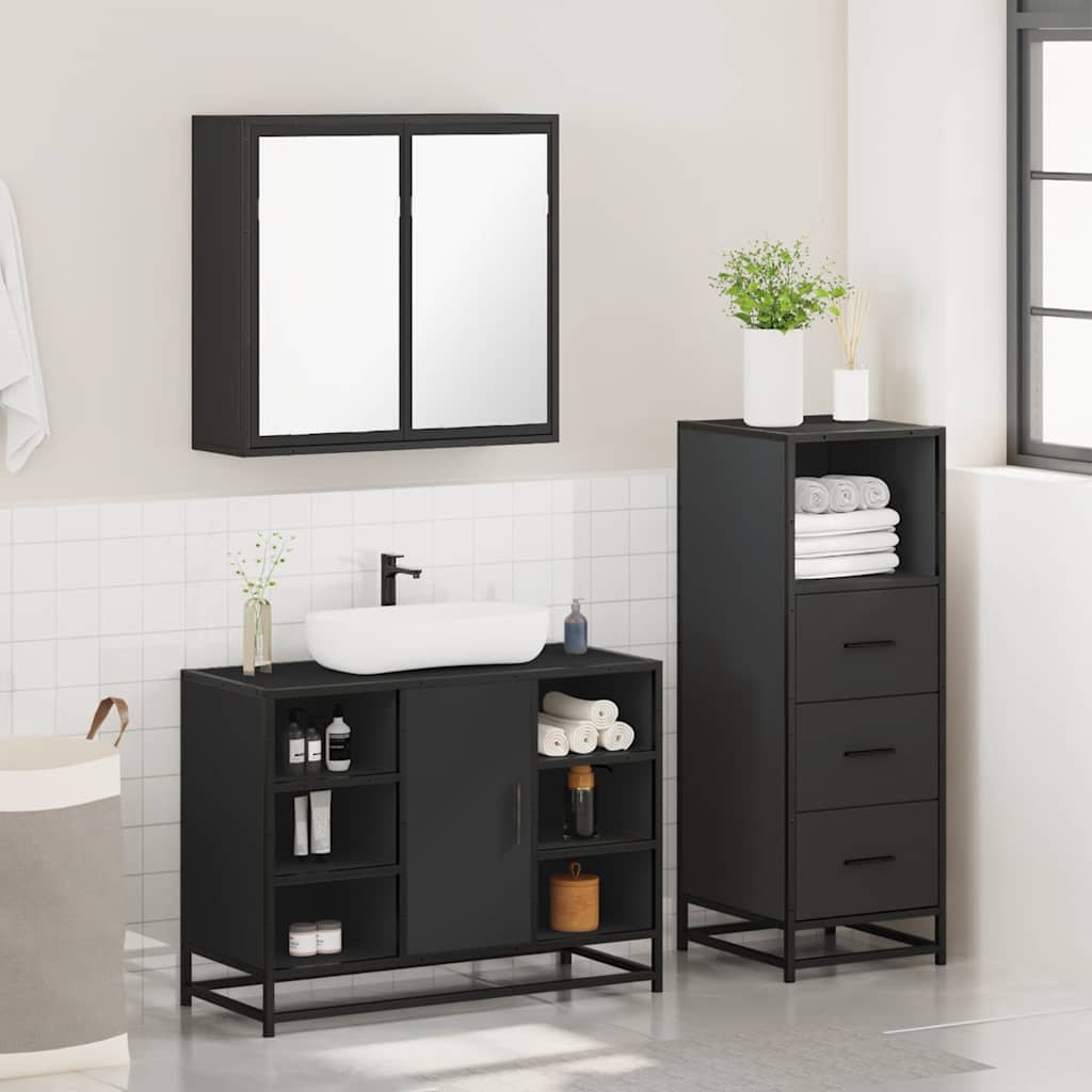 3 Piece Bathroom Furniture Set Black Engineered Wood