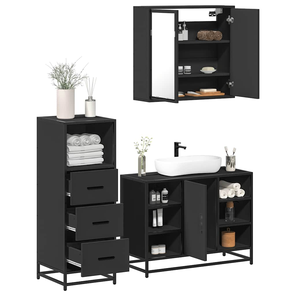 3 Piece Bathroom Furniture Set Black Engineered Wood