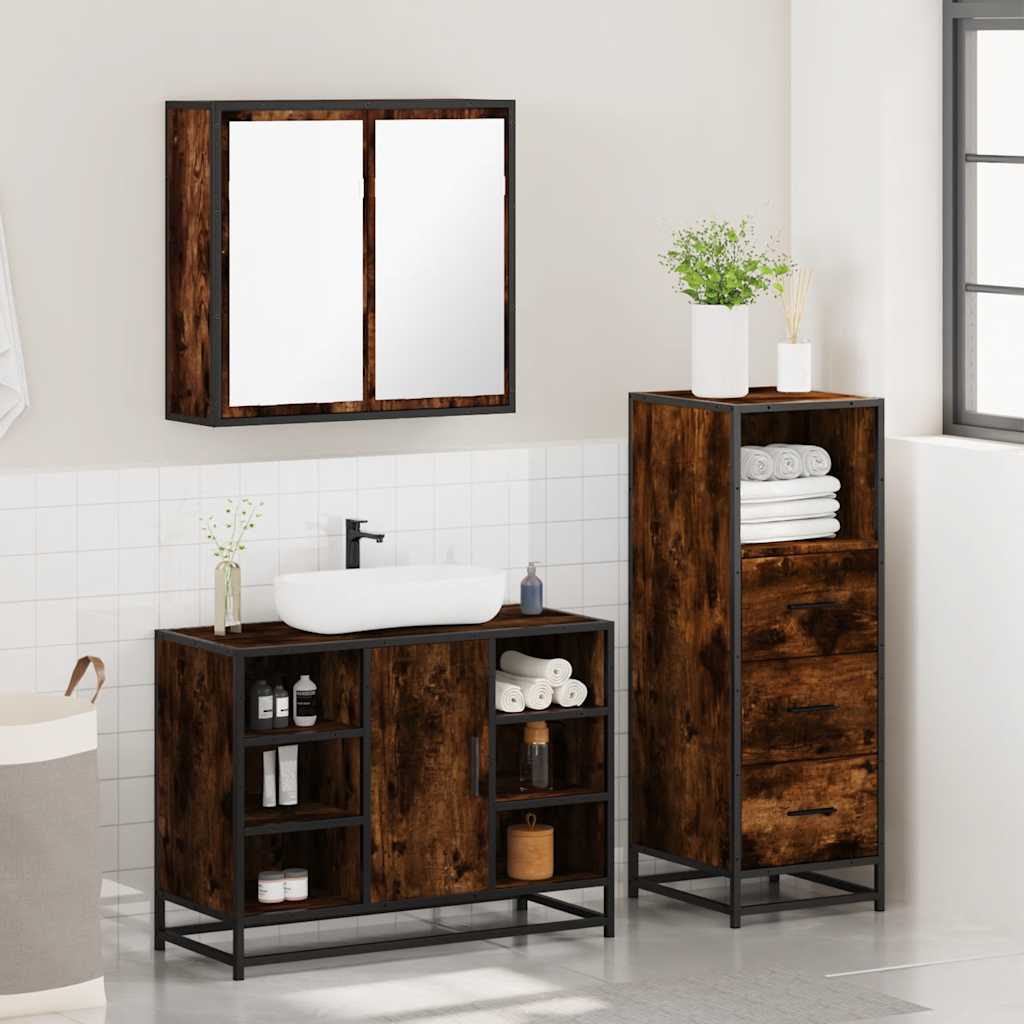 3 Piece Bathroom Furniture Set Smoked Oak Engineered Wood