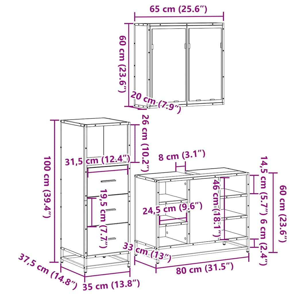 3 Piece Bathroom Furniture Set Smoked Oak Engineered Wood