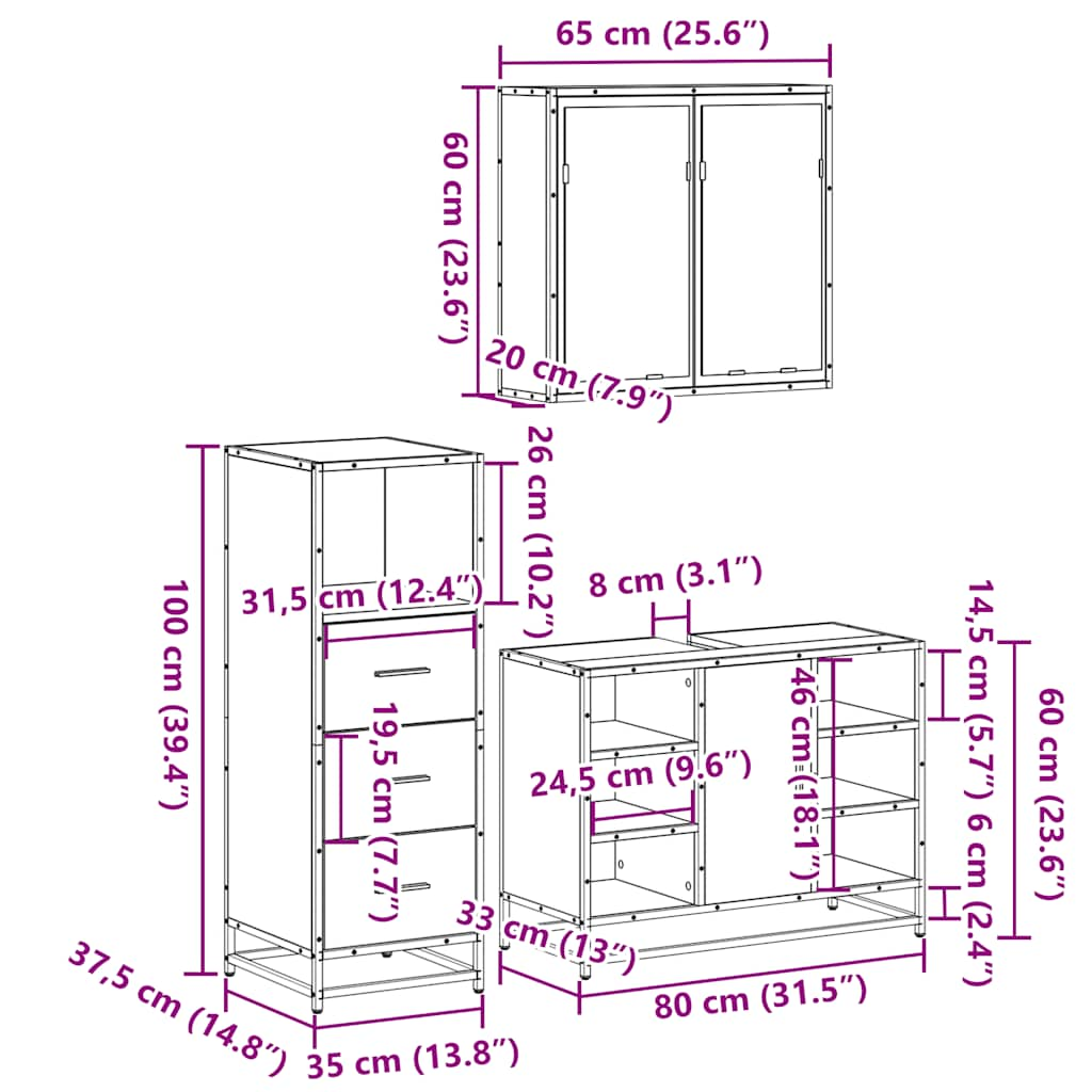 3 Piece Bathroom Furniture Set Grey Sonoma Engineered Wood