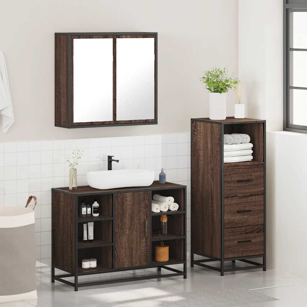 3 Piece Bathroom Furniture Set Brown Oak Engineered Wood