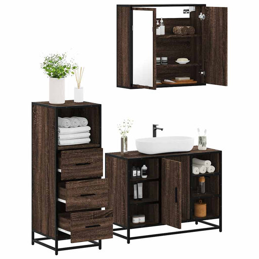 3 Piece Bathroom Furniture Set Brown Oak Engineered Wood