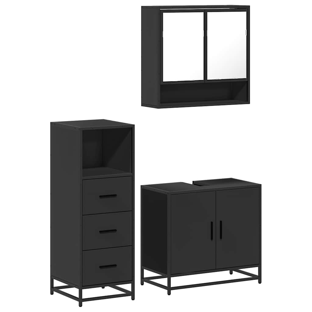 3 Piece Bathroom Furniture Set Black Engineered Wood