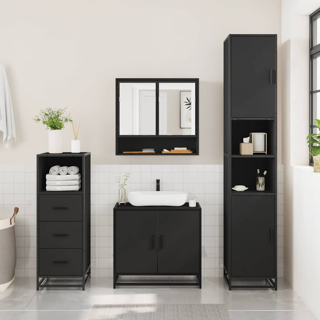 3 Piece Bathroom Furniture Set Black Engineered Wood