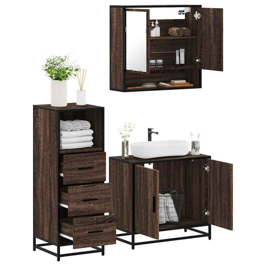 3 Piece Bathroom Furniture Set Brown Oak Engineered Wood