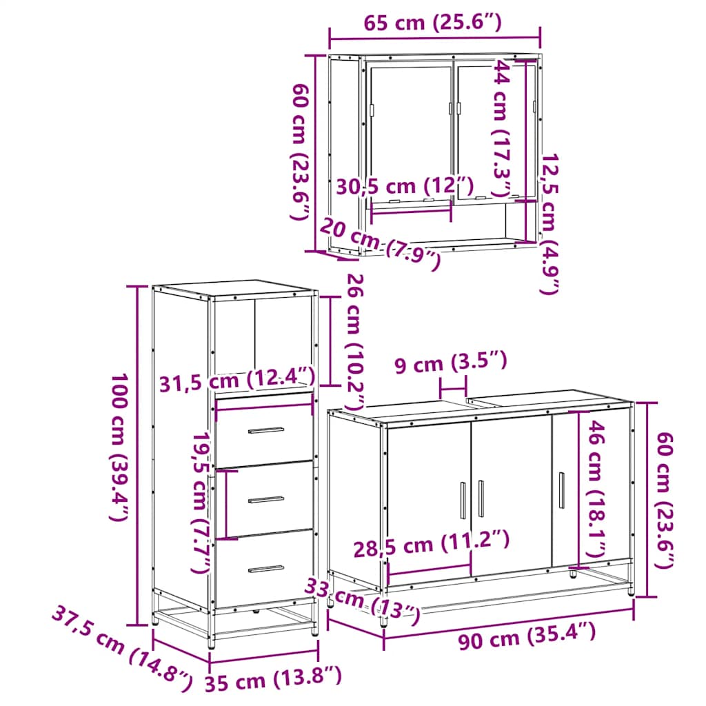 3 Piece Bathroom Furniture Set Sonoma Oak Engineered Wood