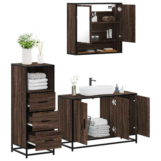 3 Piece Bathroom Furniture Set Brown Oak Engineered Wood