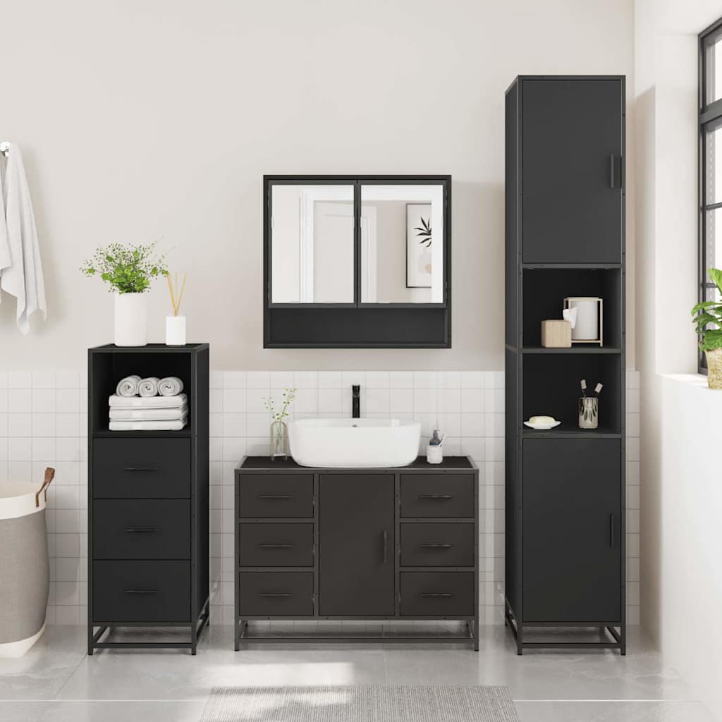 3 Piece Bathroom Furniture Set Black Engineered Wood