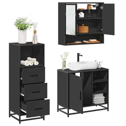 3 Piece Bathroom Furniture Set Black Engineered Wood