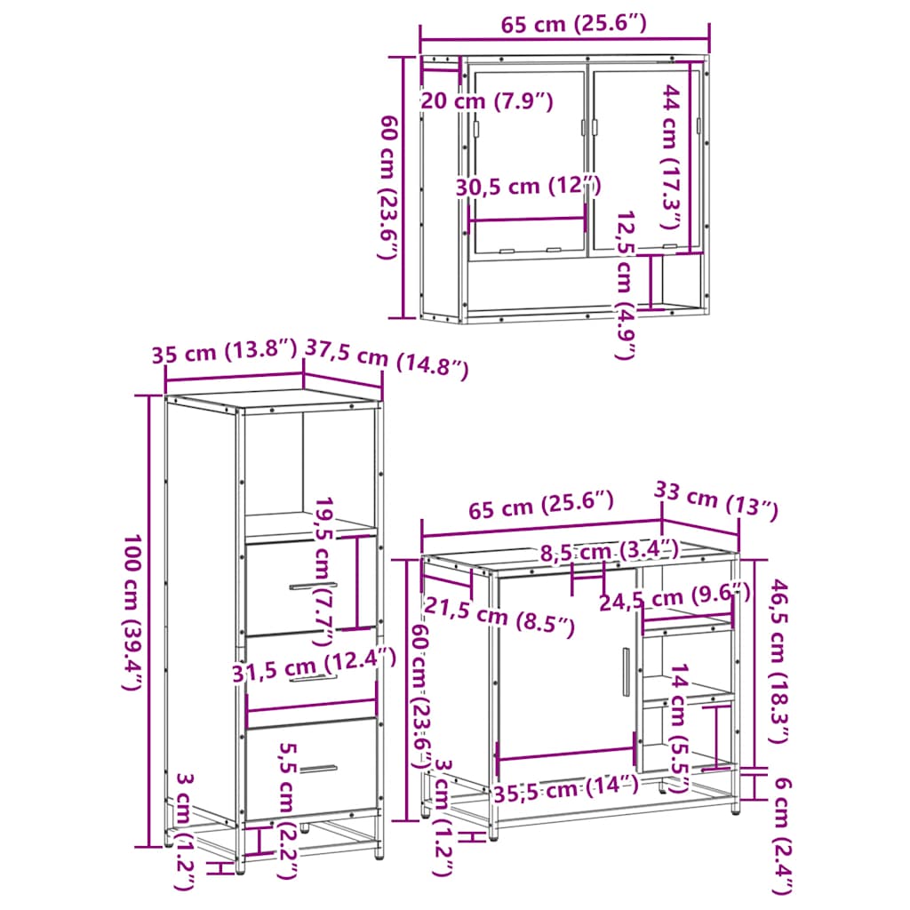 3 Piece Bathroom Furniture Set Grey Sonoma Engineered Wood