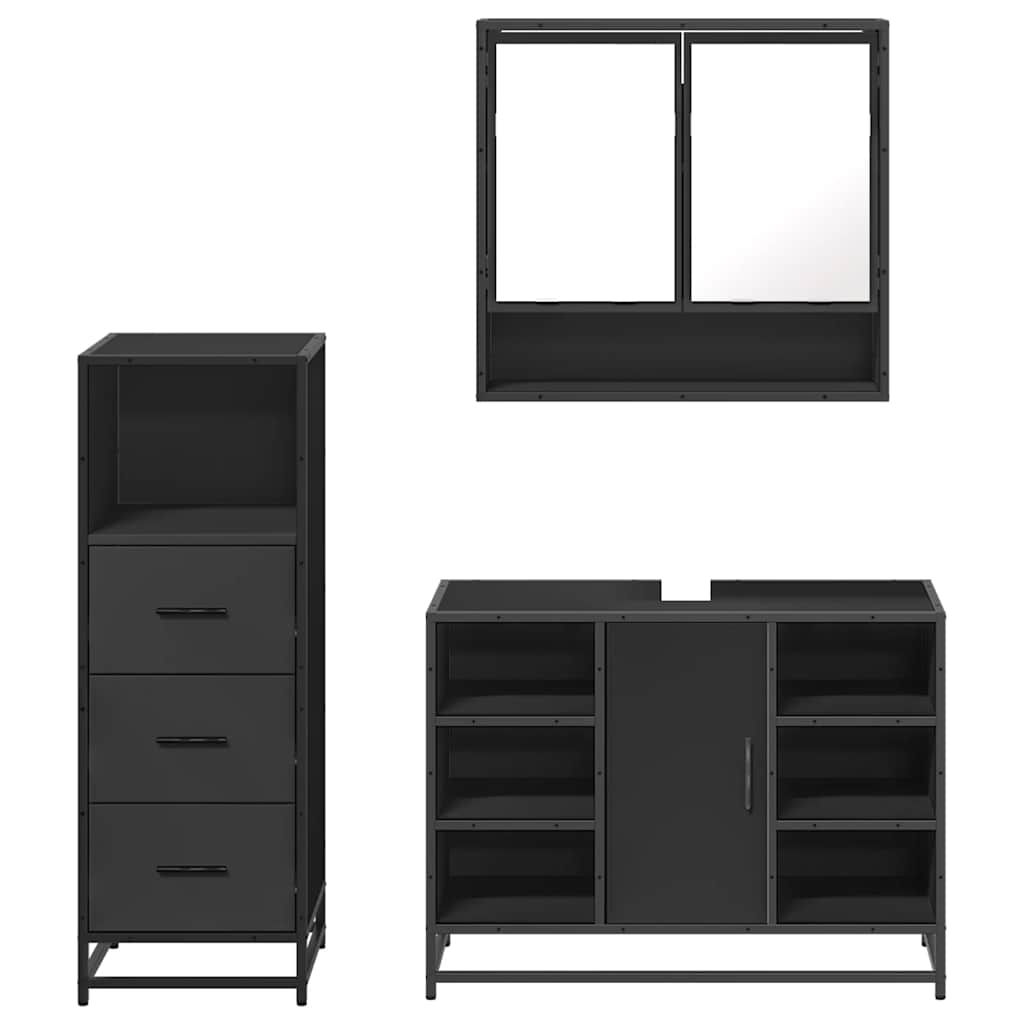 3 Piece Bathroom Furniture Set Black Engineered Wood