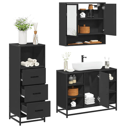 3 Piece Bathroom Furniture Set Black Engineered Wood