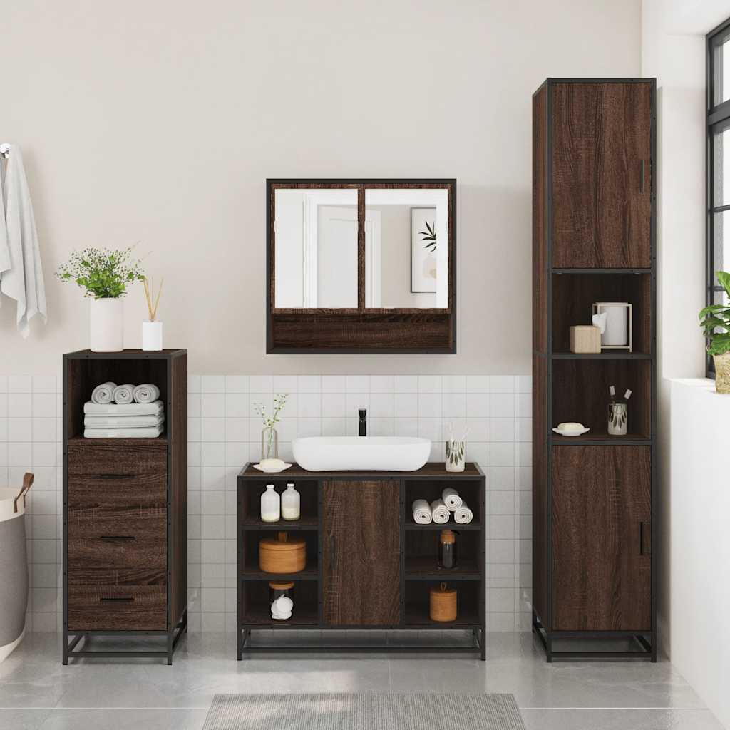 3 Piece Bathroom Furniture Set Brown Oak Engineered Wood