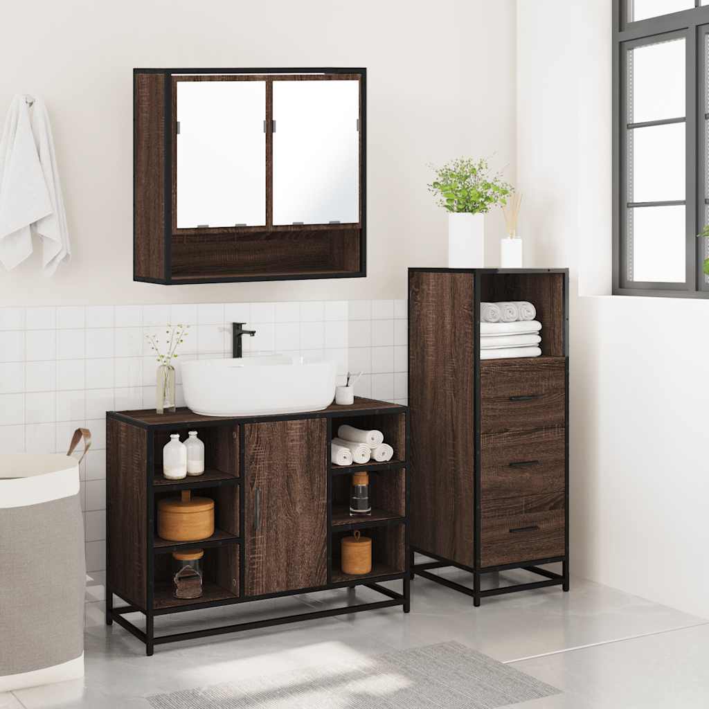 3 Piece Bathroom Furniture Set Brown Oak Engineered Wood