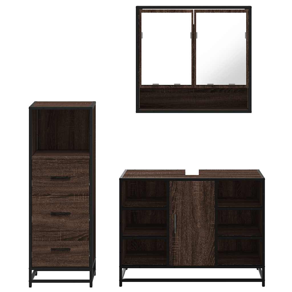 3 Piece Bathroom Furniture Set Brown Oak Engineered Wood