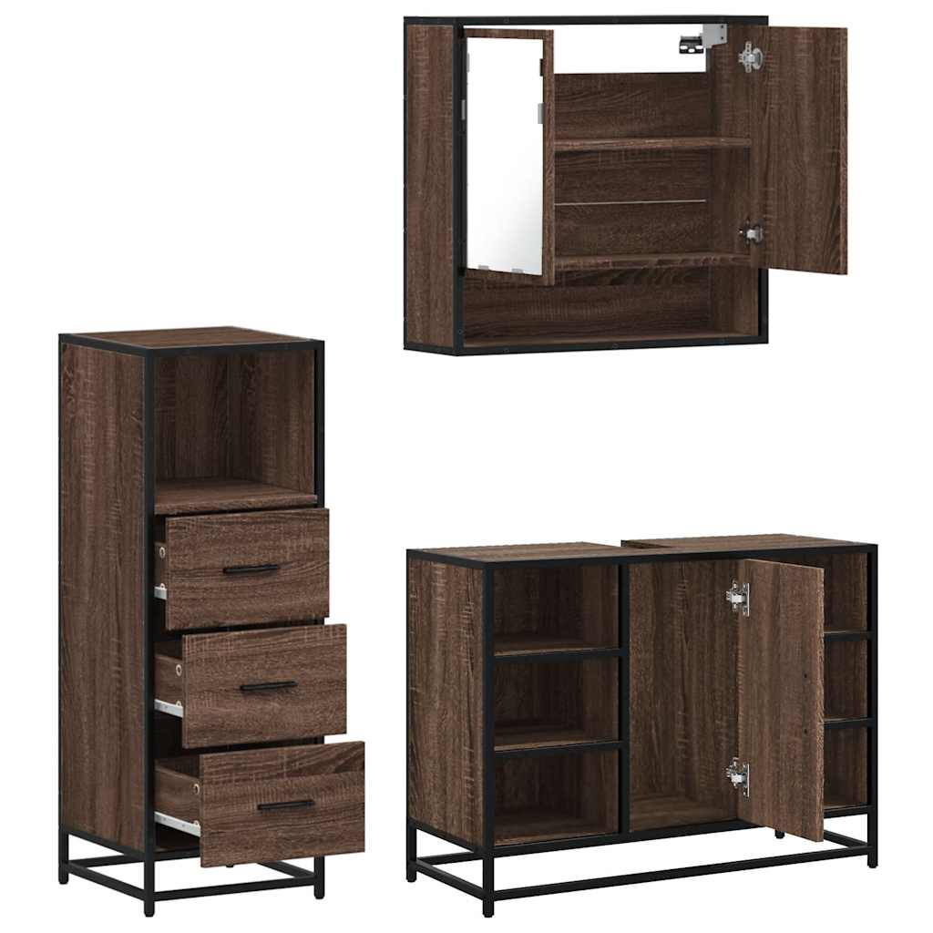 3 Piece Bathroom Furniture Set Brown Oak Engineered Wood