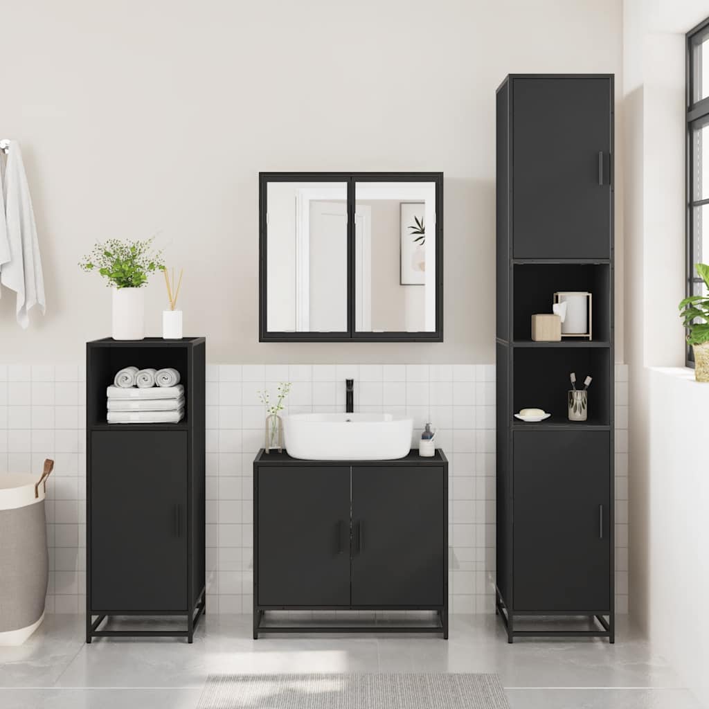 4 Piece Bathroom Furniture Set Black Engineered Wood