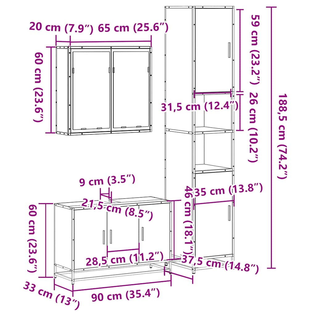 4 Piece Bathroom Furniture Set Smoked Oak Engineered Wood