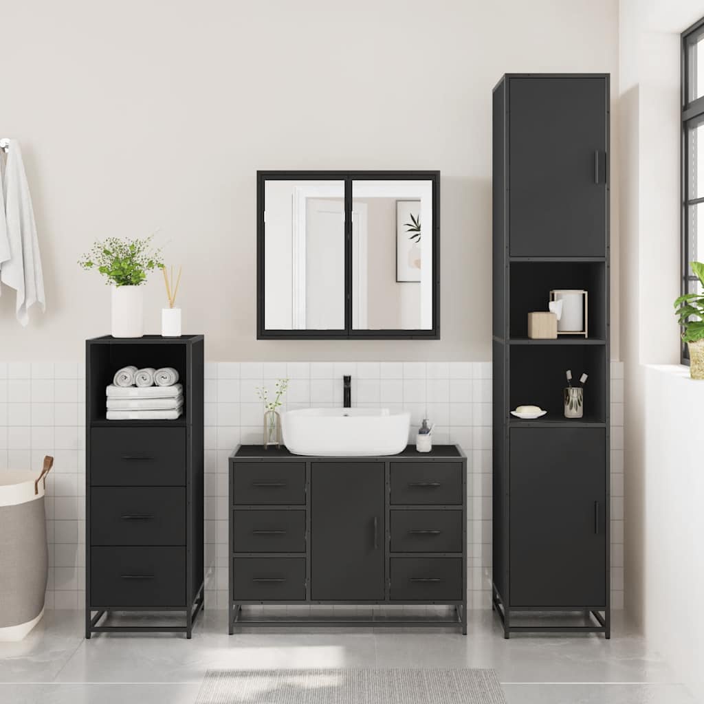 4 Piece Bathroom Furniture Set Black Engineered Wood