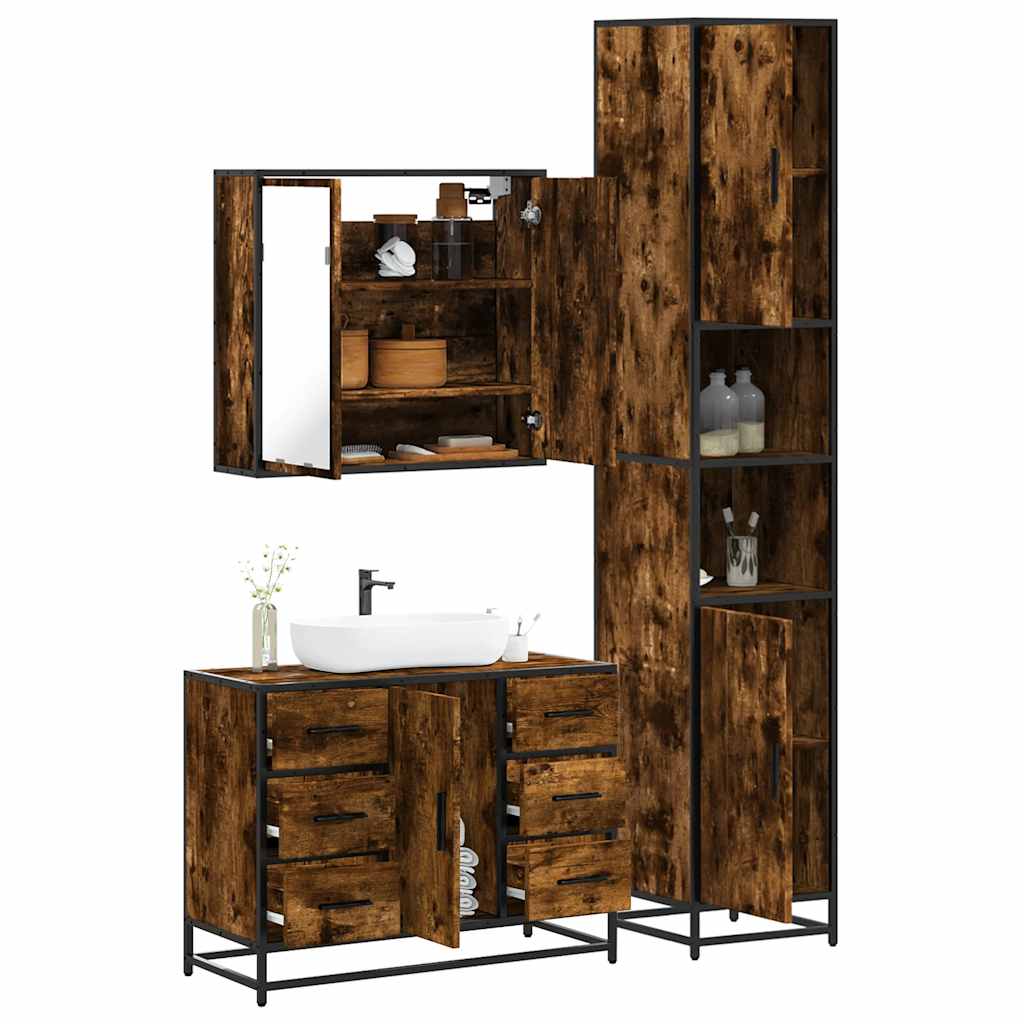 4 Piece Bathroom Furniture Set Smoked Oak Engineered Wood