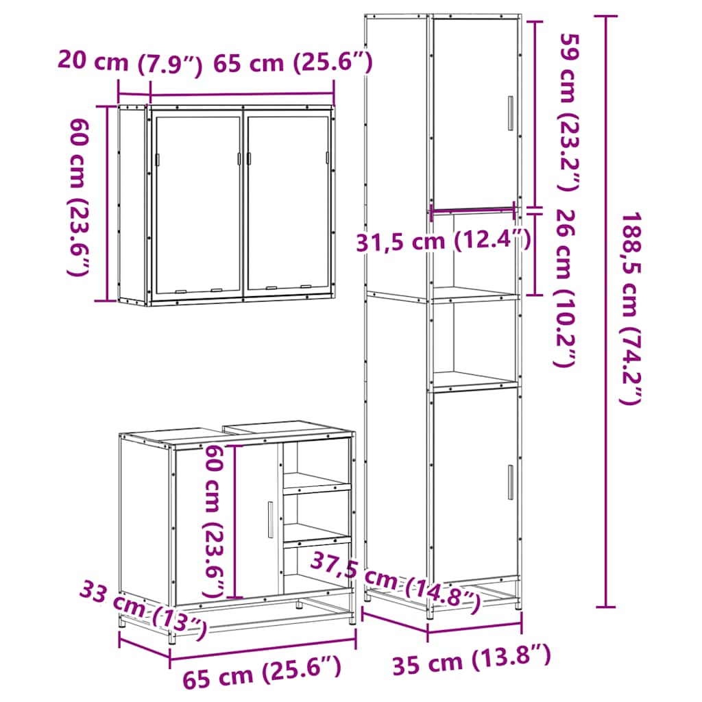 4 Piece Bathroom Furniture Set Smoked Oak Engineered Wood