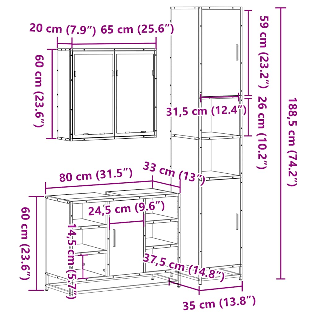 3 Piece Bathroom Furniture Set Sonoma Oak Engineered Wood