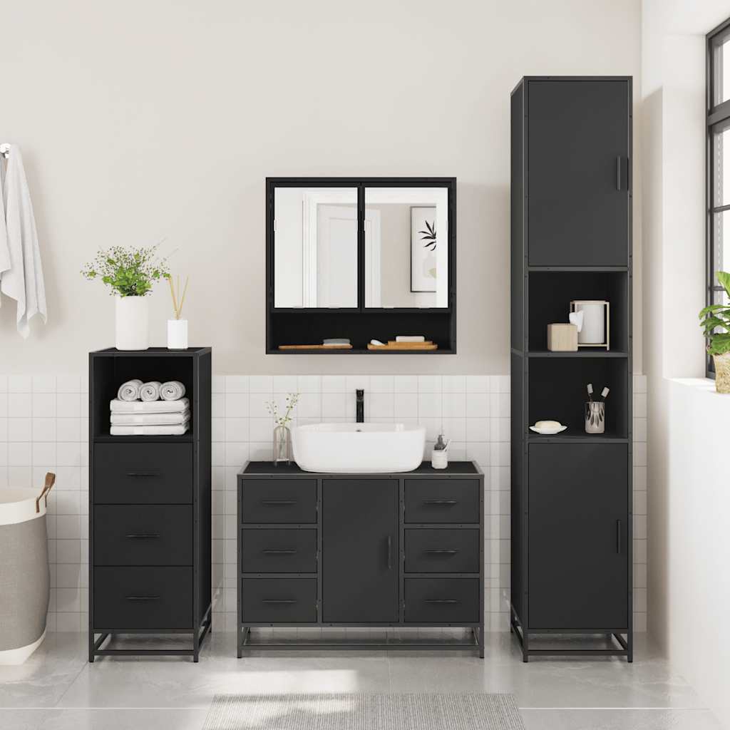 4 Piece Bathroom Furniture Set Black Engineered Wood