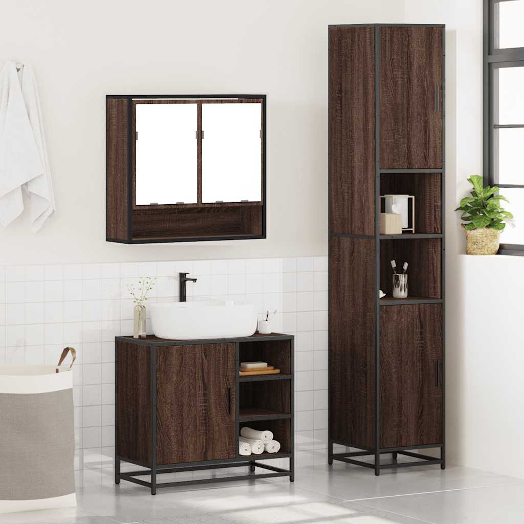 3 Piece Bathroom Furniture Set Brown Oak Engineered Wood