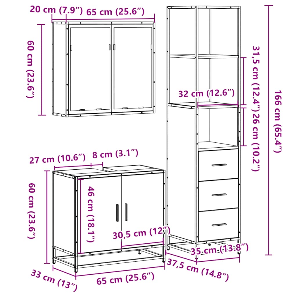 3 Piece Bathroom Furniture Set Sonoma Oak Engineered Wood