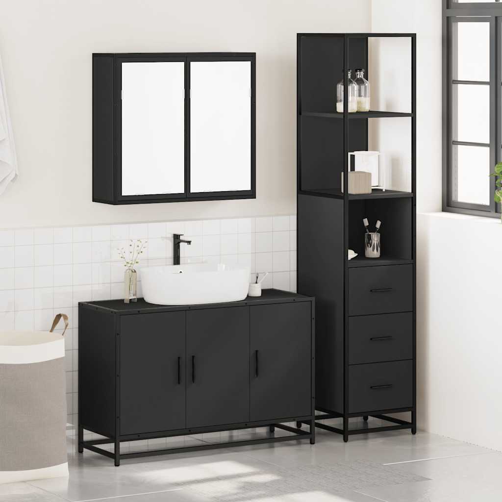 3 Piece Bathroom Furniture Set Black Engineered Wood