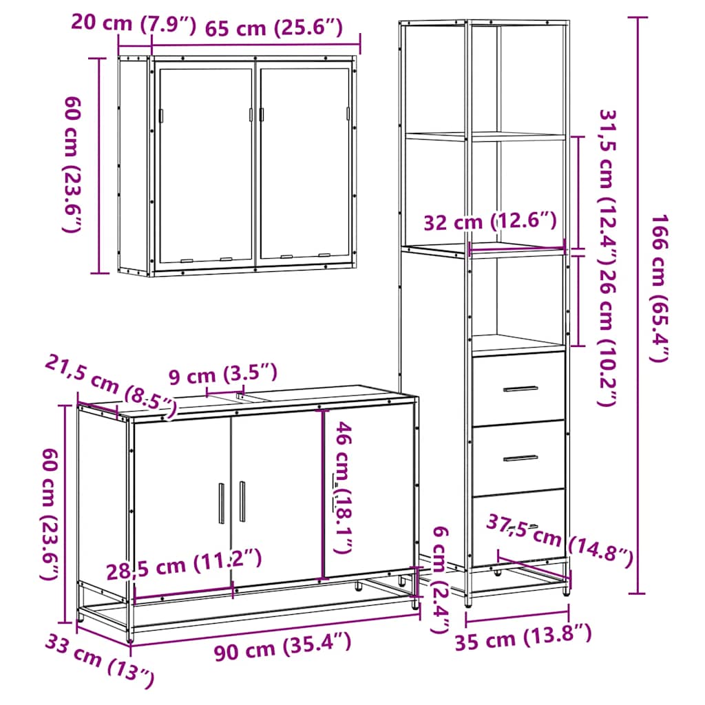 3 Piece Bathroom Furniture Set Grey Sonoma Engineered Wood