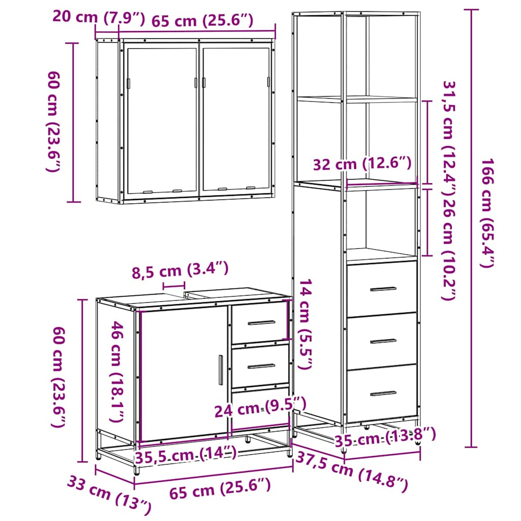 3 Piece Bathroom Furniture Set Grey Sonoma Engineered Wood