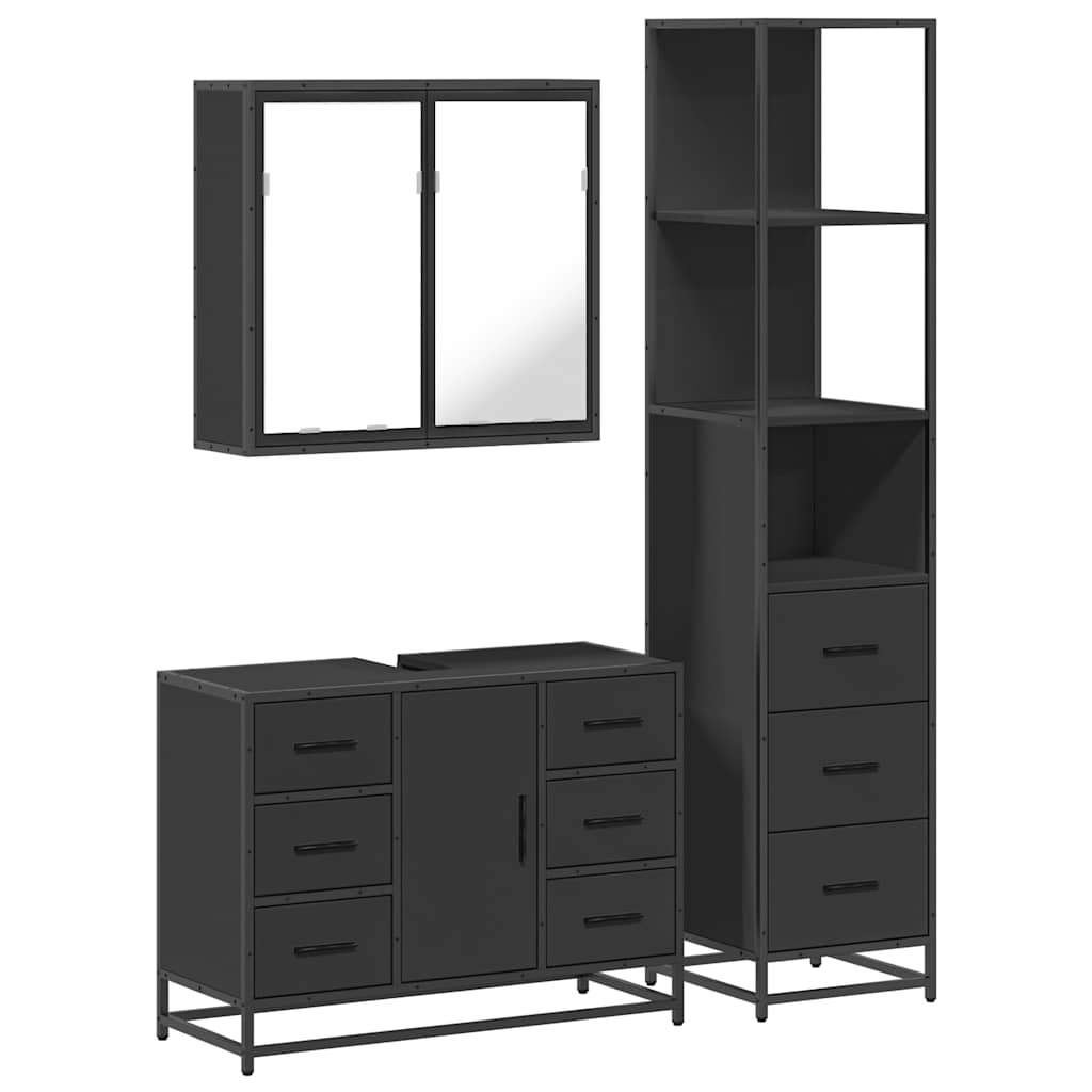 3 Piece Bathroom Furniture Set Black Engineered Wood