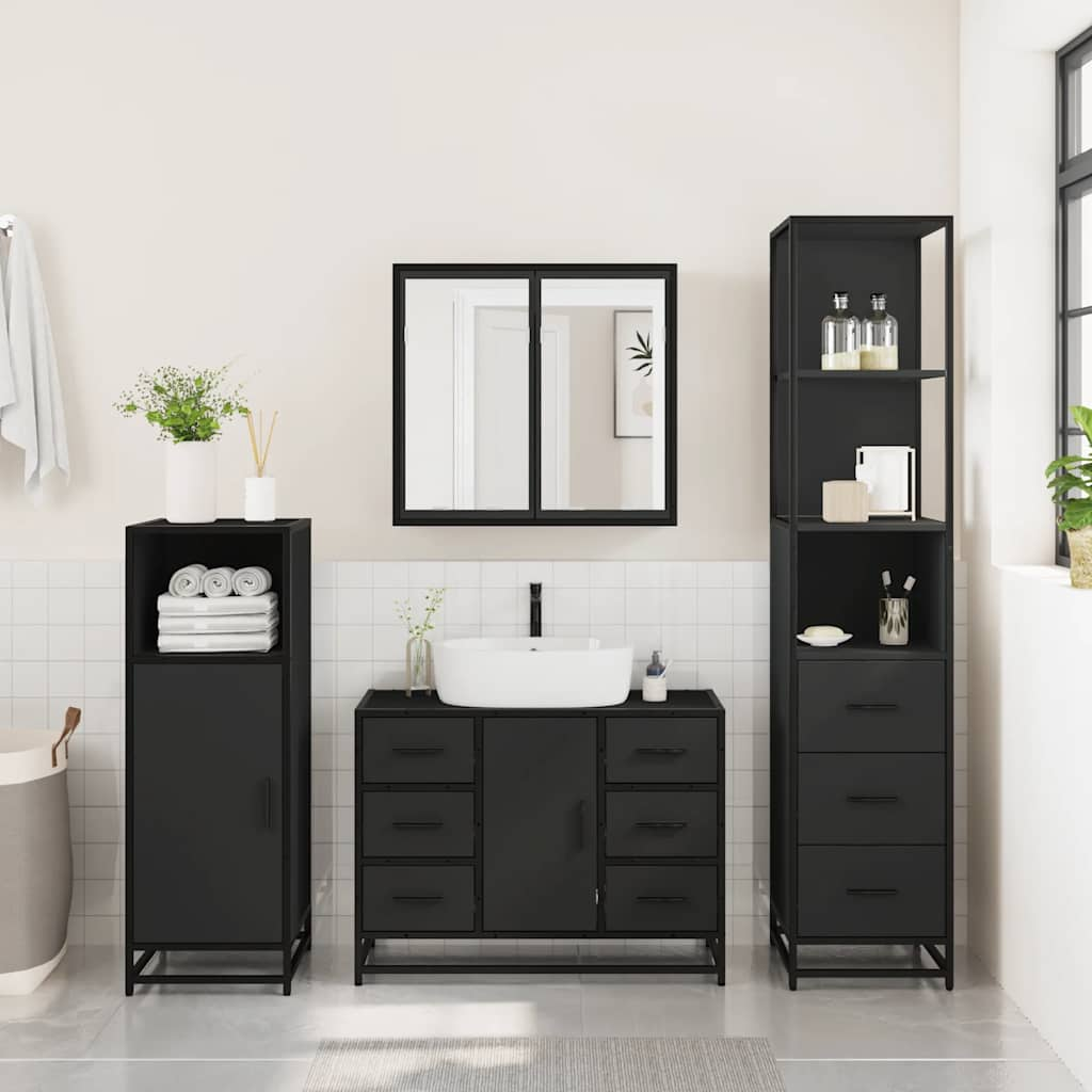 3 Piece Bathroom Furniture Set Black Engineered Wood