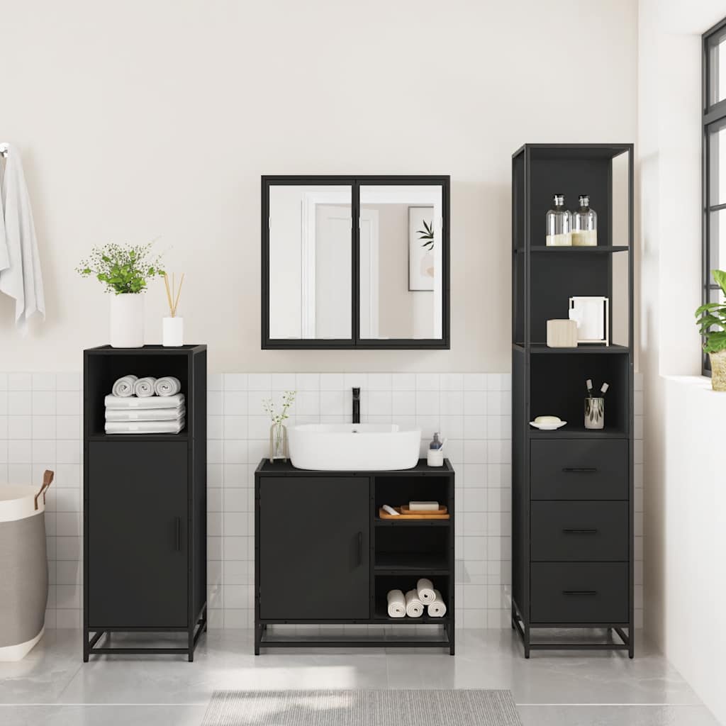 3 Piece Bathroom Furniture Set Black Engineered Wood