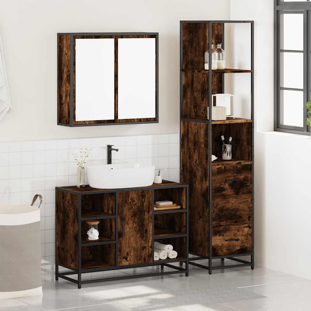 3 Piece Bathroom Furniture Set Smoked Oak Engineered Wood