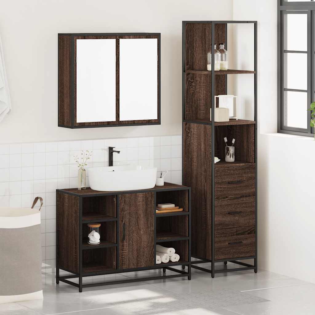 3 Piece Bathroom Furniture Set Brown Oak Engineered Wood